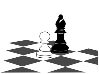 The white pawn and black bishop face each other and must not touch each other. Illustration of two people who have different opinions but cannot bring each other down