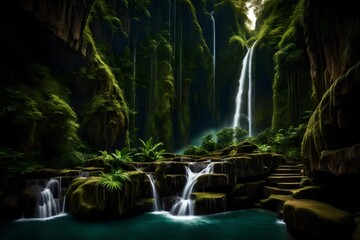 A majestic, cascading waterfall framed by lush greenery and dramatic cliffs in a secluded paradise. - obrazy, fototapety, plakaty