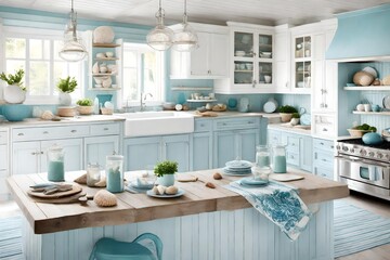 A coastal-themed kitchen with sea-blue accents, seashell decor, and whitewashed cabinets evoking a beach house vibe. - obrazy, fototapety, plakaty