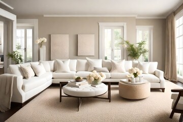 A cozy sitting area with white loveseats, cream-colored throw pillows, and a soft rug for a comfortable and inviting space.
