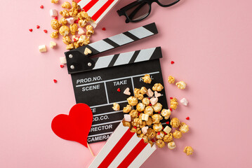 Valentine's Day cinema bliss. Top-view of clapperboard, 3D spectacles, striped popcorn boxes, heart...