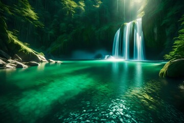 A tranquil scene capturing the harmony of waterfalls cascading down lush, emerald mountains bathed in sunlight.