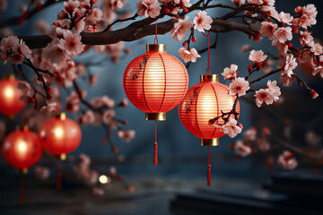 Chinese lanterns and cherry blossom branch on blurred background, closeup - obrazy, fototapety, plakaty