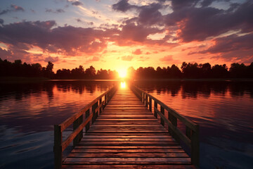 Serene pier at a beautiful lake during sunset
