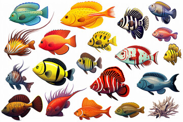 Naklejka premium marine animals and plants flat style set. Different fish, shells and seaweeds under the sea set.