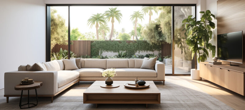 Modern luxury living room interior design, panoramic window view. 3d render