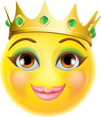 A queen or princess emoticon emoji cartoon face wearing a gold crown