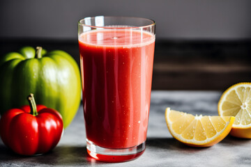Fresh Tomato juice in a glass on a wooden background, closeup. Healthy food concept. Generative AI