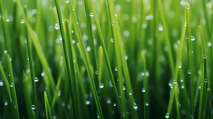 Fototapeta na wymiar Clean Lawn Close Up Single Straws, close up of water droplets on grass.