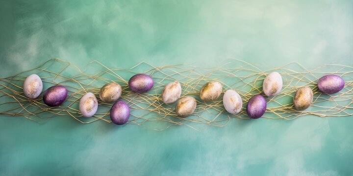White eggs painted, dyed in purple and gold lying on a structured green, turquoise, mint background. Golden decorative gold metal fiber. Copy space on spring, easter card. Web.