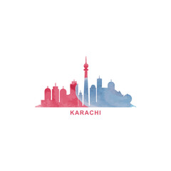 Fototapeta premium Karachi watercolor cityscape skyline city panorama vector flat modern logo, icon. Pakistan megapolis emblem concept with landmarks and building silhouettes. Isolated graphic