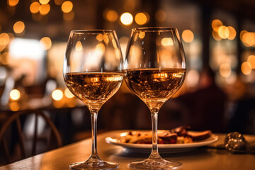 Two glasses of white wine on a table.