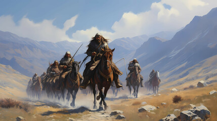 Painting Of Early Bronze Age Eastern European, a group of men riding horses. - obrazy, fototapety, plakaty