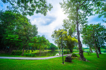 a public place leisure travel landscape lake views at Ang Kaew Chiang Mai University and Doi Suthep nature forest Mountain views spring cloudy sky background with white cloud.