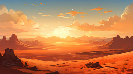 2D Flat Vector Of Sahara Desert, a landscape of a desert with mountains and clouds.