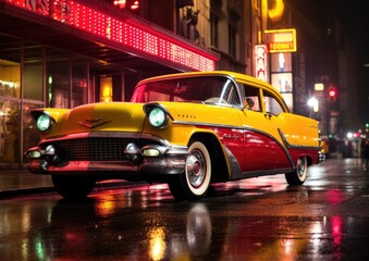 A night shot of a cab driver's taxi parked in front of a brightly lit theater, with the driver