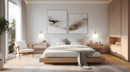 Modern Interior Design Of Scandinavian Elegant Bedroom, a bedroom with a bed and two lamps.