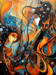 Abstract Women In Black And Orange, a painting of women with long hair.