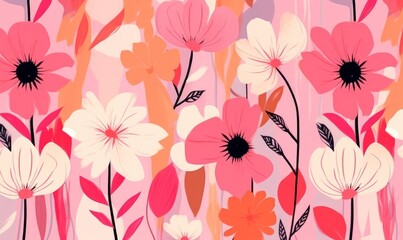 Hand drawn bright cute pink artistic flowers print. Modern botanical geometric pattern. Fashionable template for design, Generative AI - obrazy, fototapety, plakaty