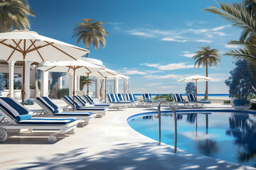 Luxurious Swimming Pool And Loungers, a pool with lounge chairs and umbrellas. - obrazy, fototapety, plakaty