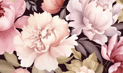 Garden flowers Peonies watercolor seamless pattern. Beautiful hand drawn texture. Romantic background, Generative AI