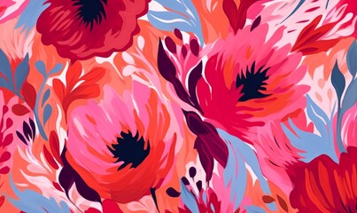 Colorful acrylic Painted Pink and red flowers pattern, Cute hand drawn colorful artistic flowers print. Modern botanical pattern. Generative AI