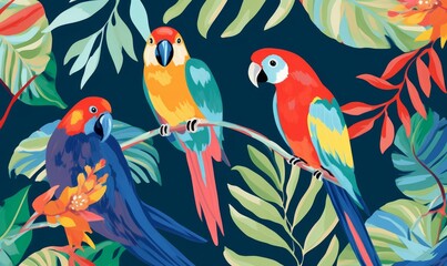 Abstract artistic print with various leaves and parrots. Modern hand drawn collage contemporary seamless pattern, Generative AI