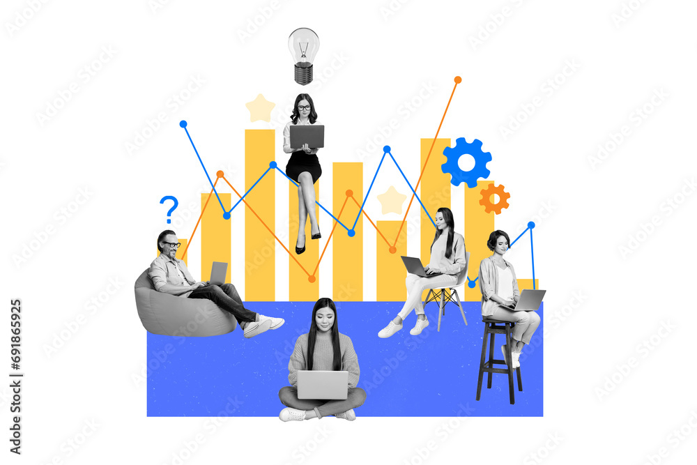 Poster collage 3d pinup pop retro sketch image of purposeful coworkers working in team together isolated wh
