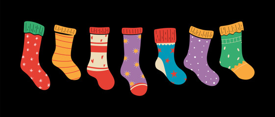 Colorful socks with groovy designs and vintage textures. Vector graphics.
