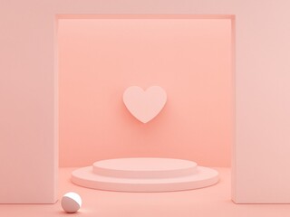 3d render. Minimal scene with podiums to show a product
with heart. Pink pastel colors scene with geometrical forms. platforms and stair in background. Elegant, trendy scene for valentine's day
