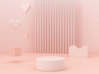 3d render. Minimal scene with podiums to show a product
with heart. Pink pastel colors scene with geometrical forms. platforms and stair in background. Elegant, trendy scene for valentine's day