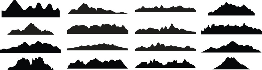 Set of Black Fill Rock Hill and Mountain icons of rocky landscape shapes, vectors mount peak icons. Valley hill silhouette for hiking, camping or climbing sports and travel on transparent background. - obrazy, fototapety, plakaty