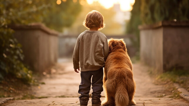 Only One Child Walking Alone With The Family Dog Outdoors 