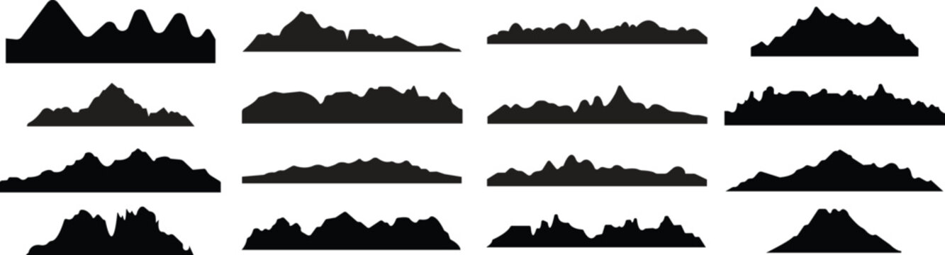 Set of Black Fill Rock Hill and Mountain icons of rocky landscape shapes, vectors mount peak icons. Valley hill silhouette for hiking, camping or climbing sports and travel on transparent background.