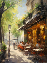 Fototapeta na wymiar An Impressionist Oil Painting Depicting A Street Cafe, a painting of a street with tables and chairs.