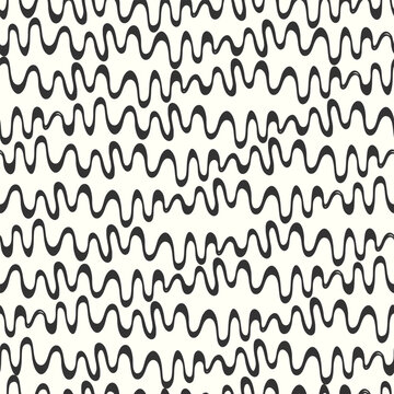 Seamless repeating pattern with hand drawn futuristic abstract black and white curved and rounded shapes Y2K bug style, for surface design and other design projects