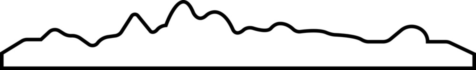 Black Line Rock Hill and Mountain icon of rocky landscape shape, vector mount peak icon. Valley hill silhouette for hiking, camping or climbing sport, travel editable stock on transparent background.
