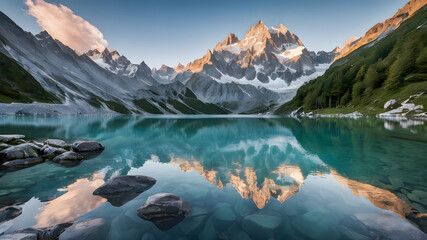 Mountain lake with reflection of snow-capped peaks at sunrise