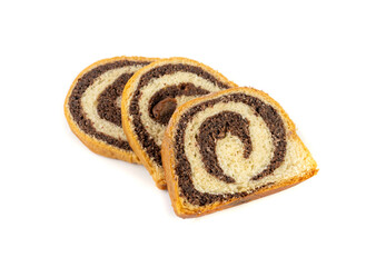 Chocolate Swiss Roll, Round Sponge Cake Isolated, Sliced Rolled Vanilla Biscuit with Cocoa Cream Filling