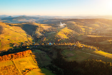 Majestic rolling countryside on a sunny day from a bird's eye view.