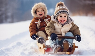 Happy and smiling kids are enjoying sledding on snow in winter on sledge or bob sledge
