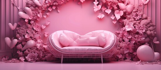 A romantic sofa for two, decorated with flowers, an illustration for Valentine's Day, a banner in pink flowers for lovers.