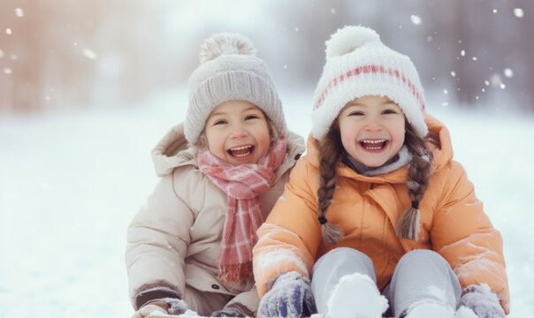 Happy and smiling kids are enjoying sledding on snow in winter on sledge or bob sledge