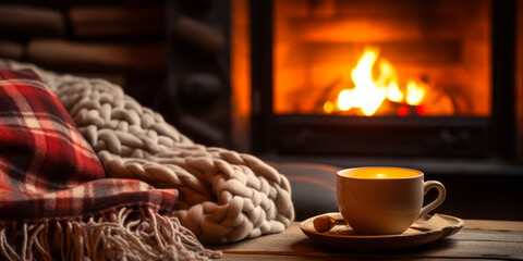 Warm and Cozy Scene with a Cup of Coffee, Checkered Blanket, and Knitted Pillow by the Roaring Fireplace, Comfortable Home Ambiance - obrazy, fototapety, plakaty