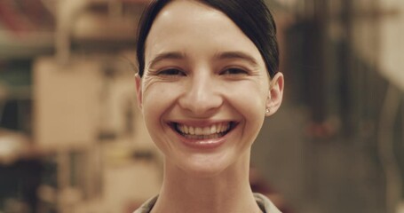 Woman, entrepreneur and smile on face, artisan and excited for carpentry business or craftsmanship. Female person, portrait and confidence or pride for startup company, happy and joy for career