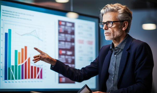 Senior Data Scientist Engaged in Presenting Risk Management Strategies Using Interactive Digital Display in Modern Office