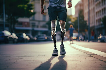 Athletic man with a prosthetic legs engages in sports, showcasing resilience, health, and vitality. - obrazy, fototapety, plakaty