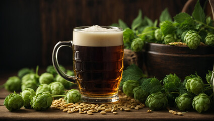 A mug of beer with green hops and wheat ears on a wooden background. generative AI