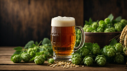 A mug of beer with green hops and wheat ears on a wooden background. generative AI