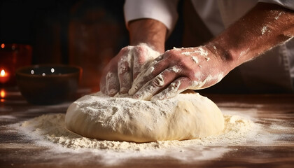 Recreation of chef hands kneading pizza base with flour - obrazy, fototapety, plakaty